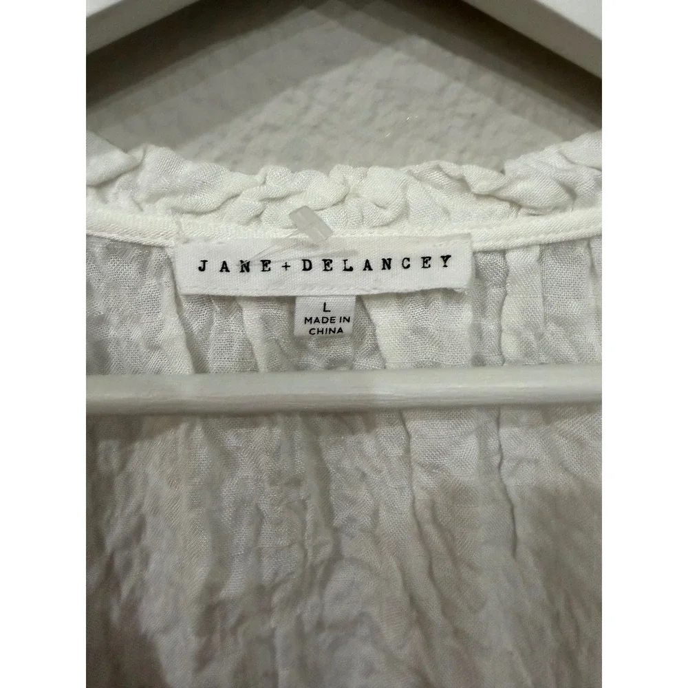 Jane + Delancey White Textured Short Sleeve Blouse‎ Tie Neck Elastic Hem Large